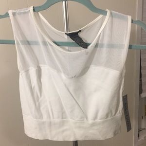 White mesh shoulder crop top